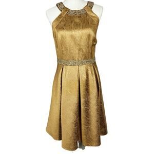 Carmen Marc Valvo, Size Medium, Bronze Gold Cocktail Dress, Beaded, Brocade, EUC